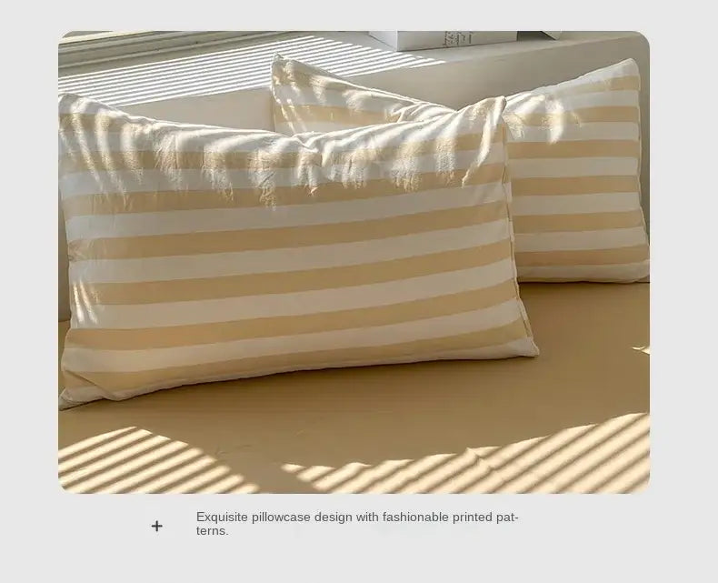 Striped cream & beige quilted quilt set with bed sheet bedroom