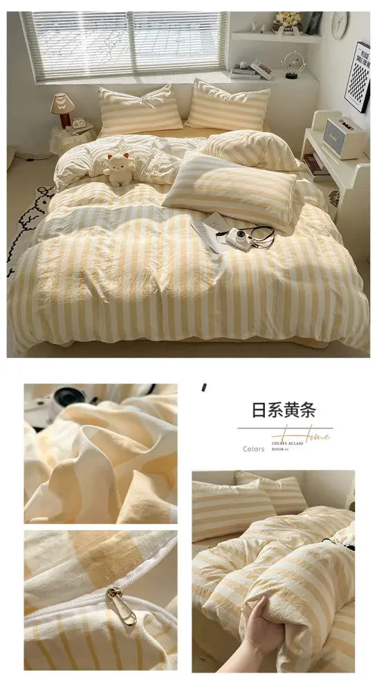 Striped cream & beige quilted quilt set with bed sheet bedroom
