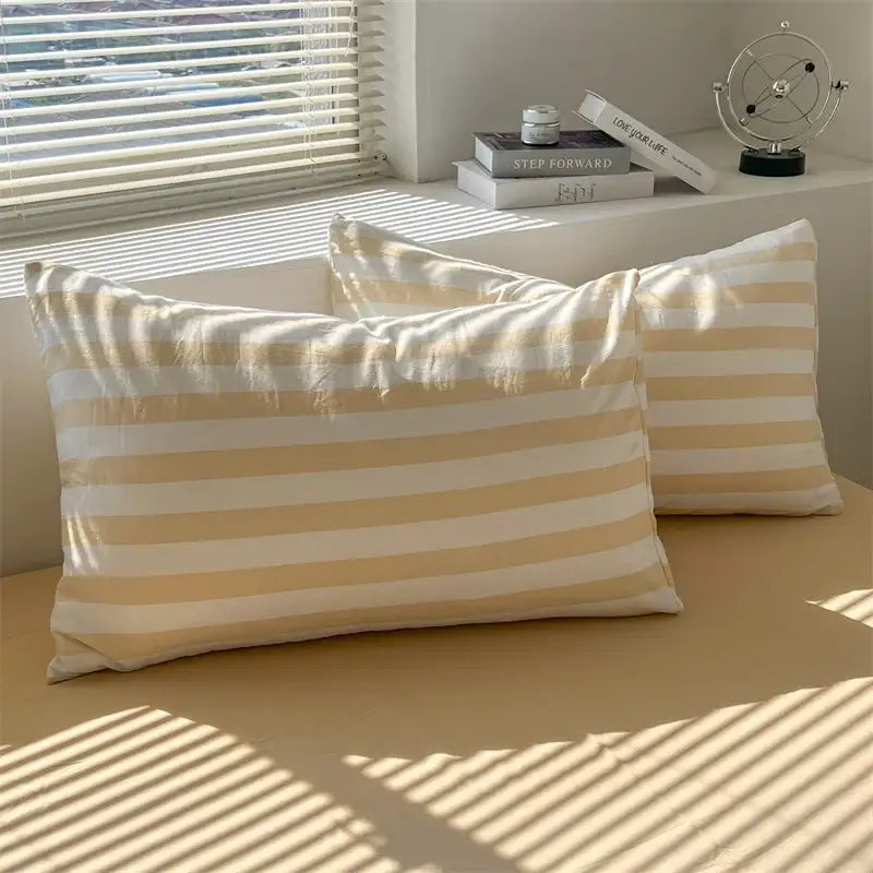 Striped cream & beige quilted quilt set with bed sheet bedroom
