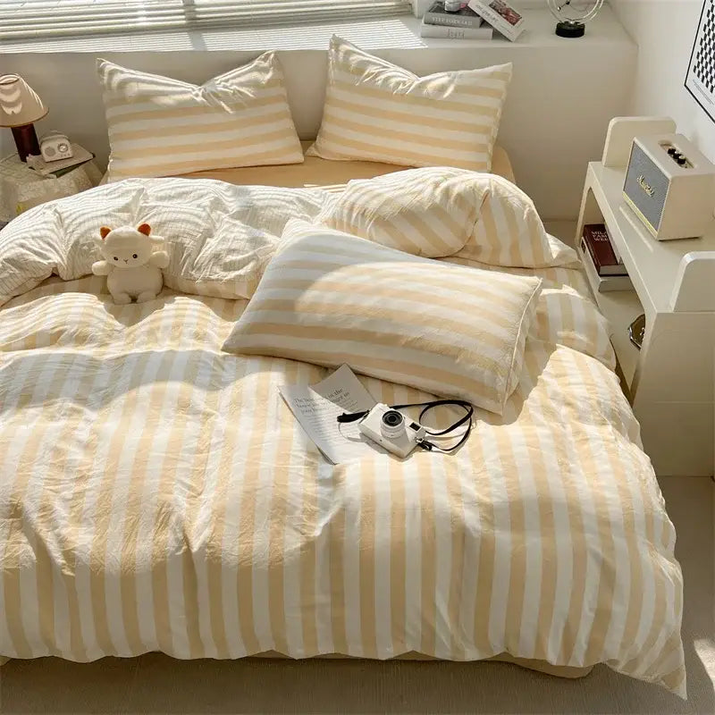 Striped cream & beige quilted quilt set with bed sheet bedroom