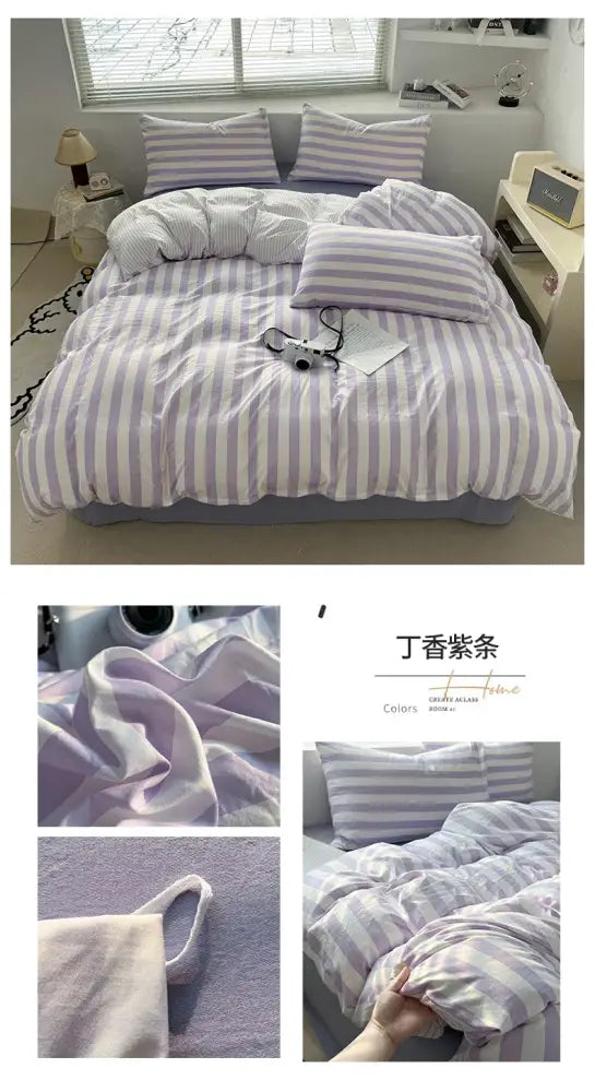 Striped cream & beige quilted quilt set with bed sheet bedroom