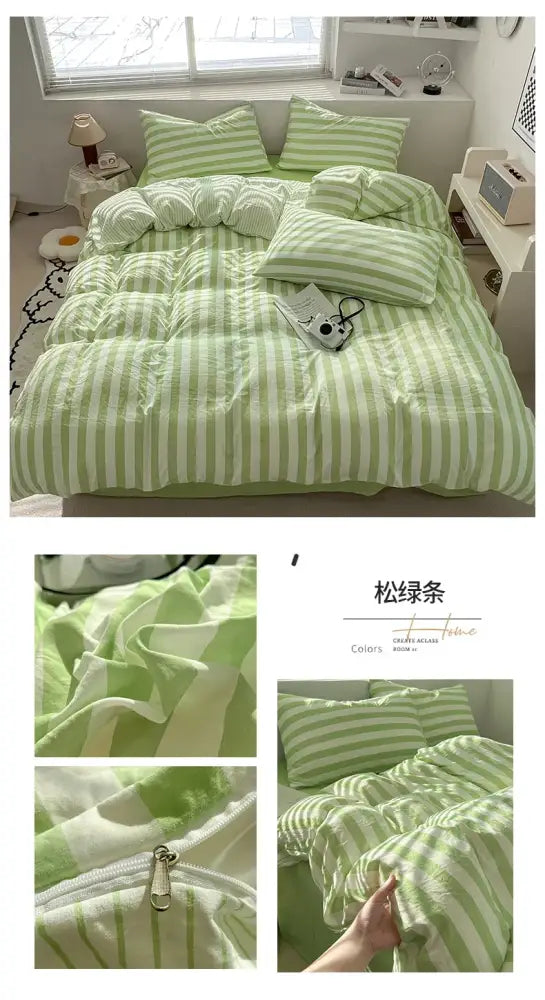 Striped cream & beige quilted quilt set with bed sheet bedroom