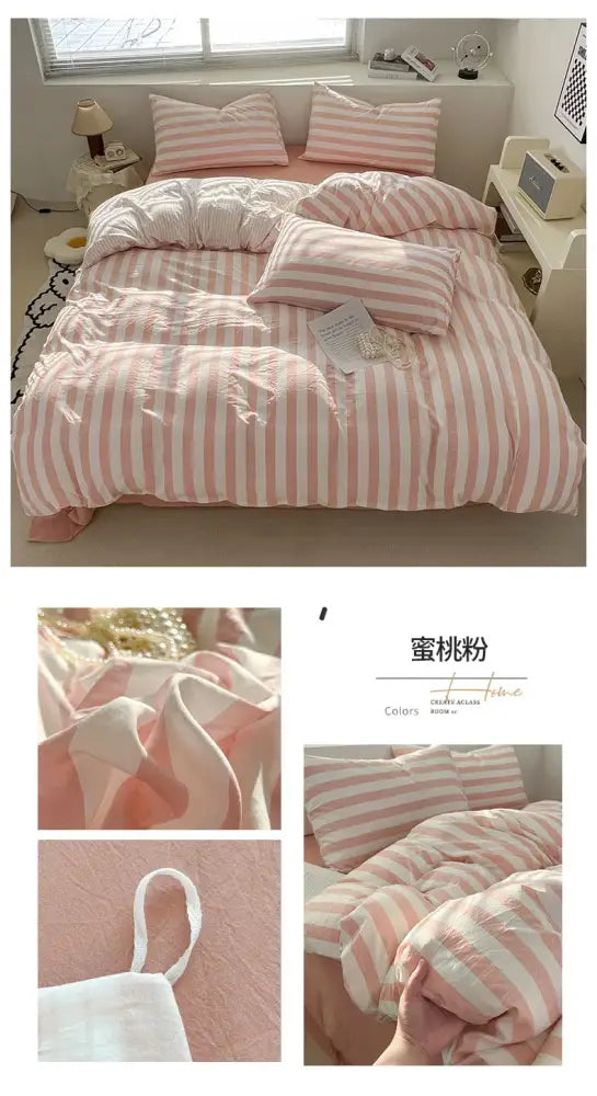 Striped cream & beige quilted quilt set with bed sheet bedroom