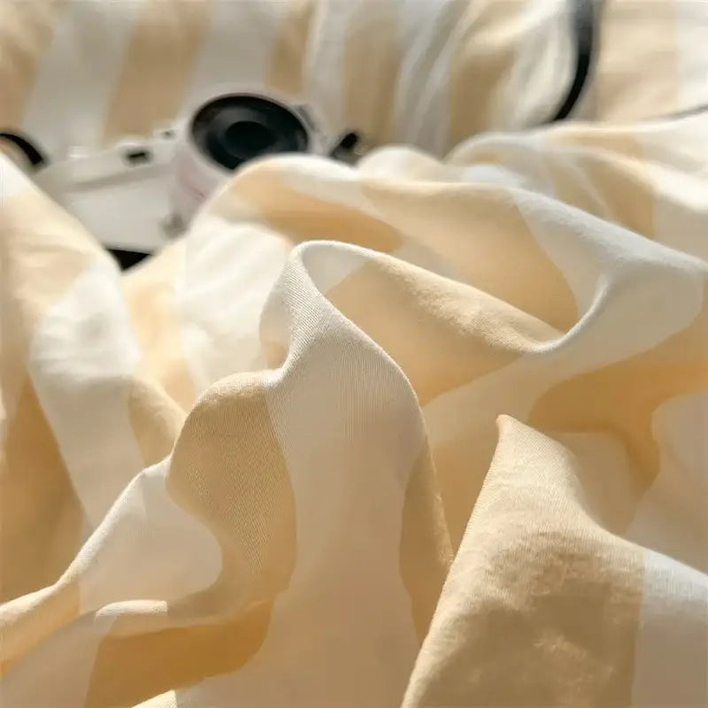 Striped cream & beige quilted quilt set with bed sheet bedroom