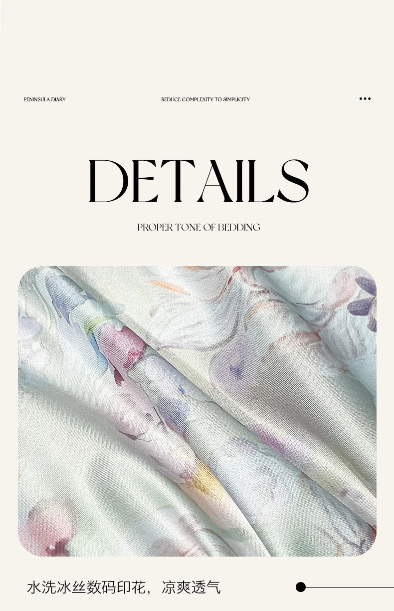 Pastel floral satin silk duvet cover set bedroom bedding