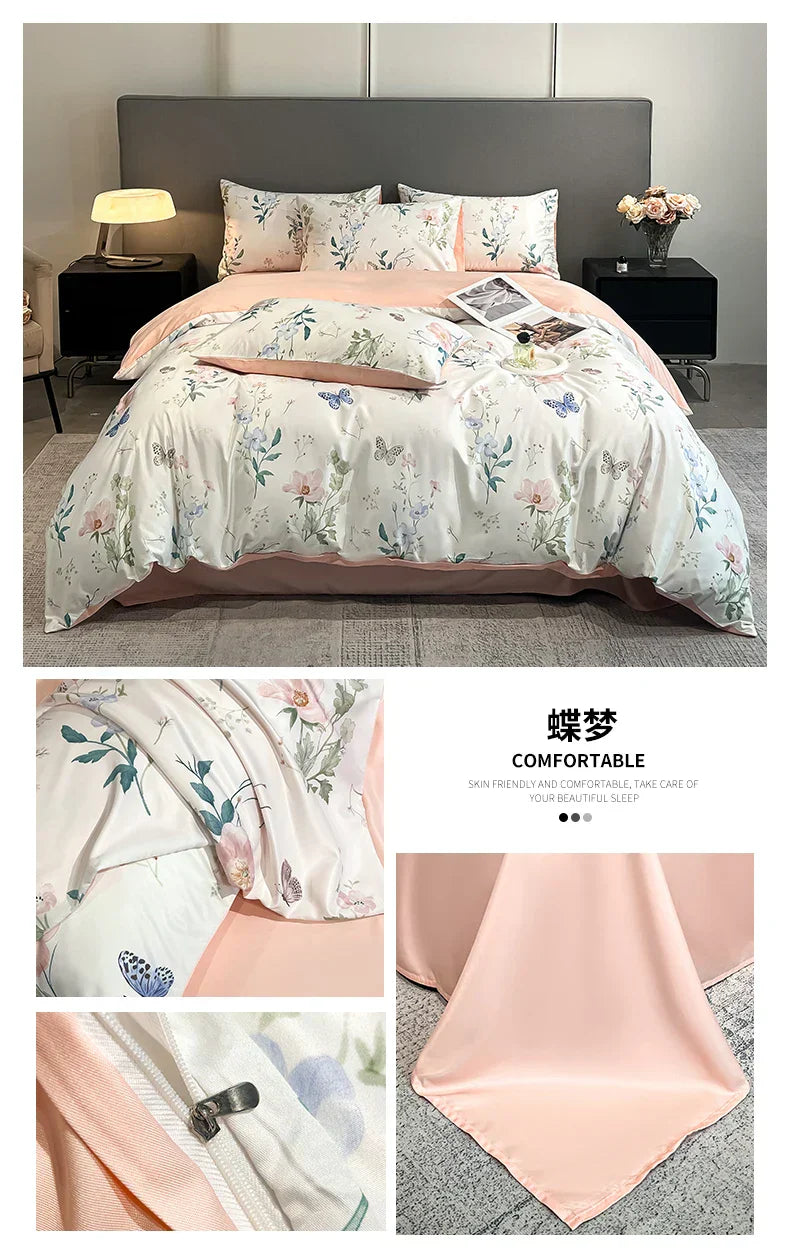 Pastel floral satin silk duvet cover set bedroom bedding