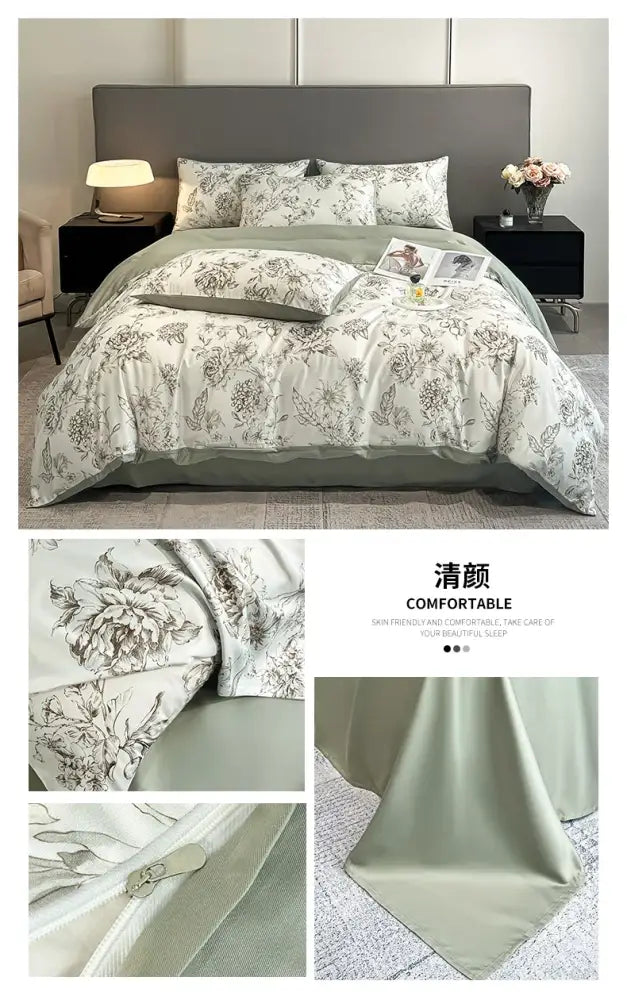 Pastel floral satin silk duvet cover set bedroom bedding