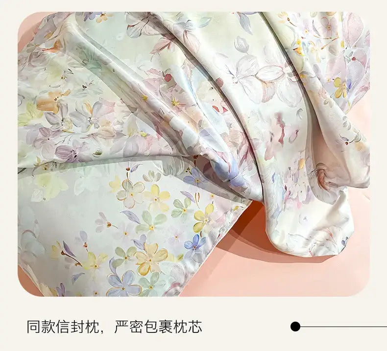 Pastel floral satin silk duvet cover set bedroom bedding