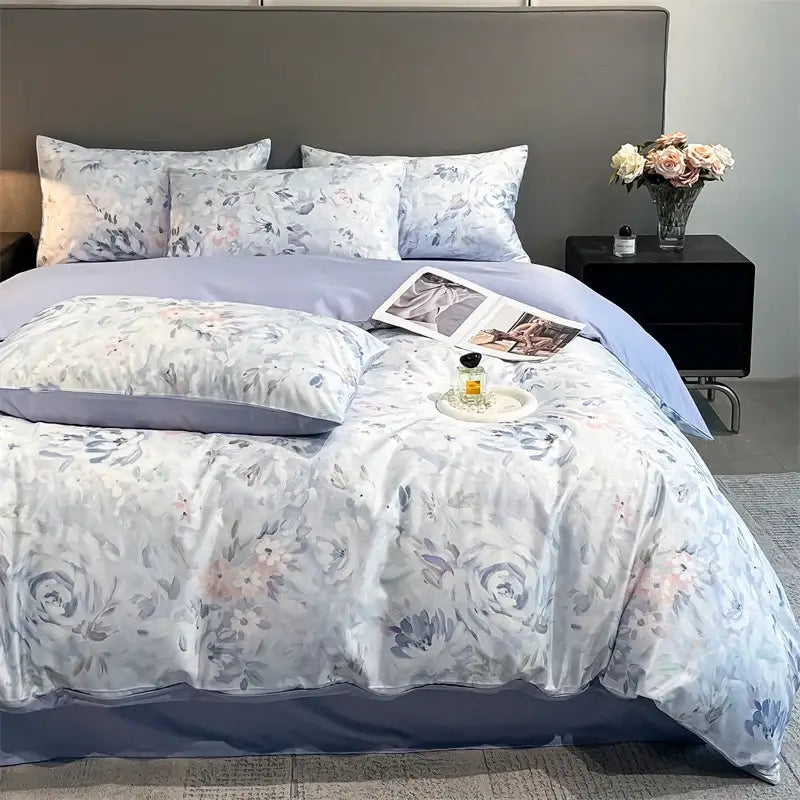 Pastel floral satin silk duvet cover set bedroom bedding