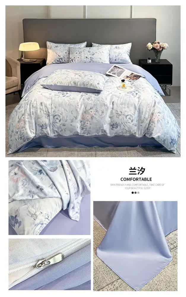 Pastel floral satin silk duvet cover set bedroom bedding
