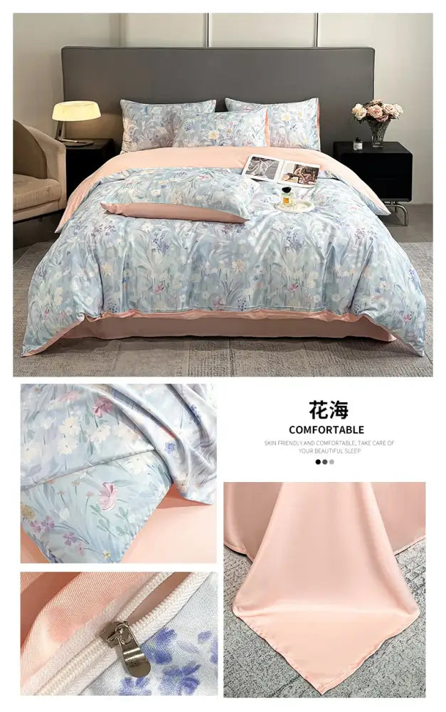 Pastel floral satin silk duvet cover set bedroom bedding