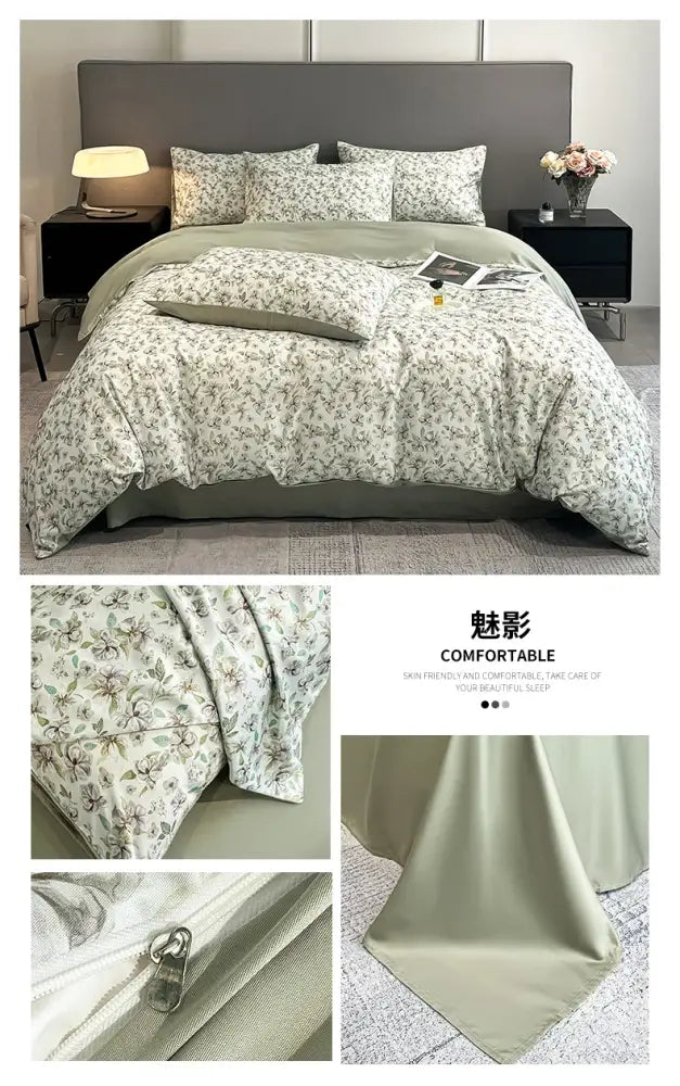 Pastel floral satin silk duvet cover set bedroom bedding