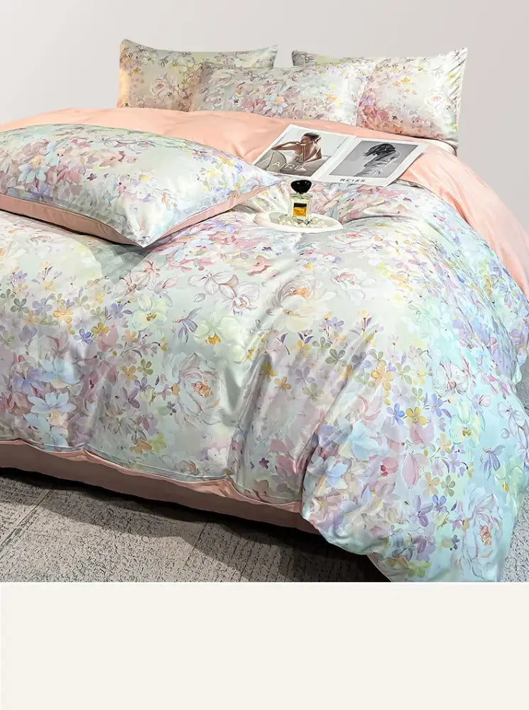 Pastel floral satin silk duvet cover set bedroom bedding