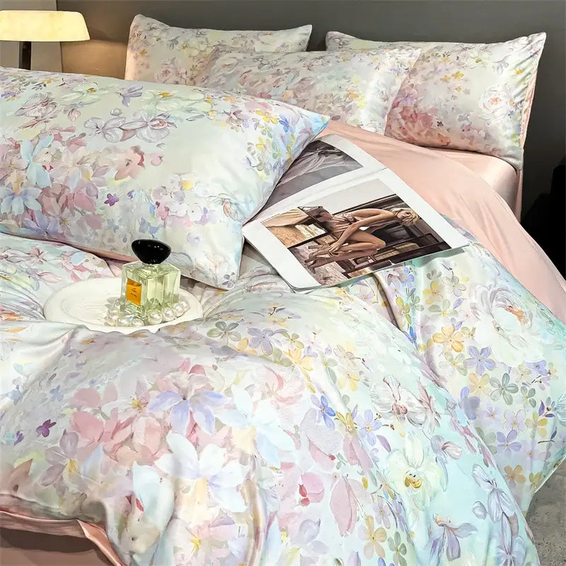 Pastel floral satin silk duvet cover set bedroom bedding
