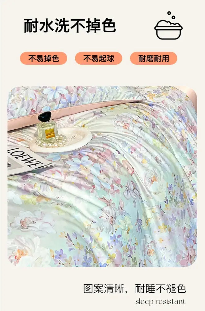 Pastel floral satin silk duvet cover set bedroom bedding