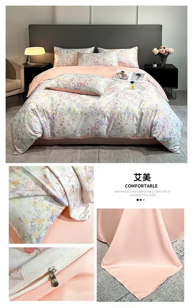 Pastel floral satin silk duvet cover set bedroom bedding