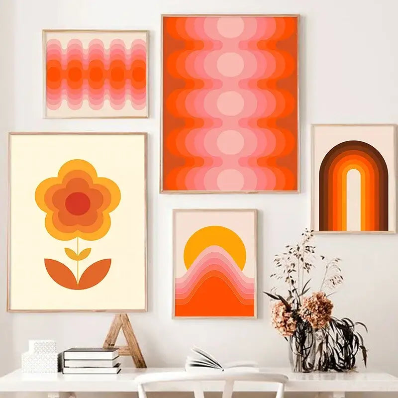 Vibrant orange and pink sunset rainbow flower canvas art living room