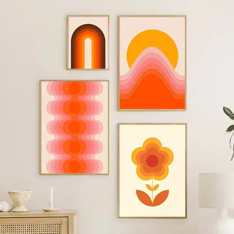 Vibrant orange and pink sunset rainbow flower canvas art living room