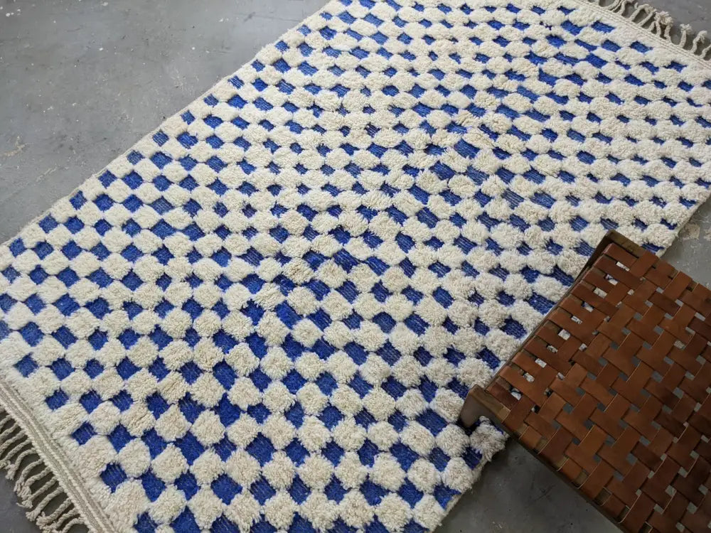 Blue and cream checkered tapis beni ouarain living room rug