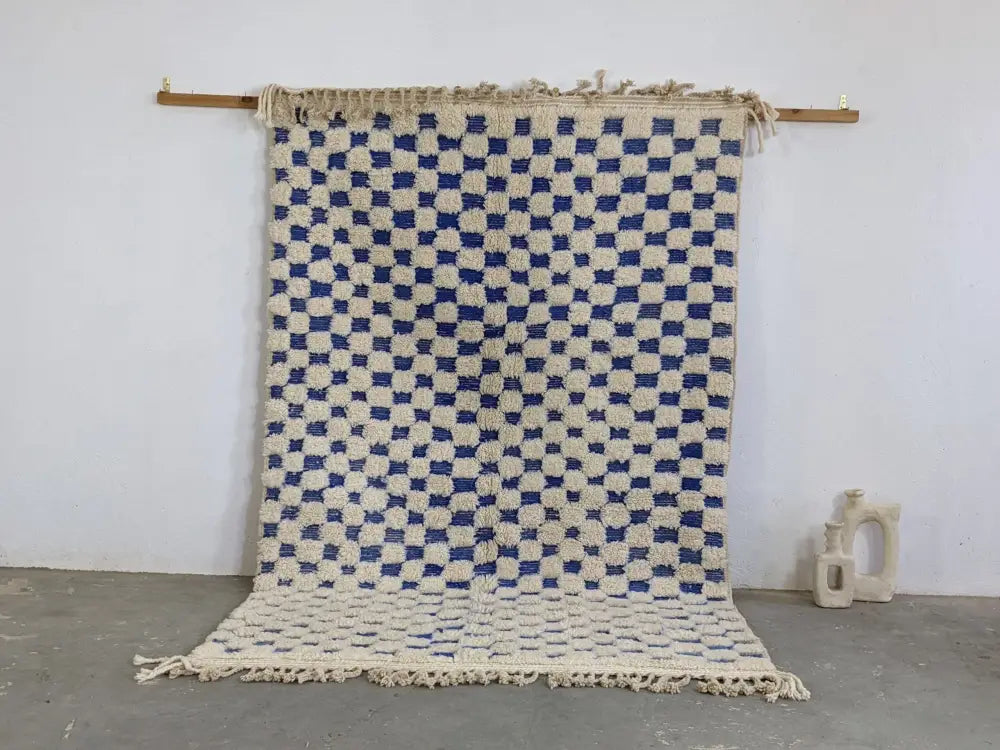 Blue and cream checkered tapis beni ouarain living room rug