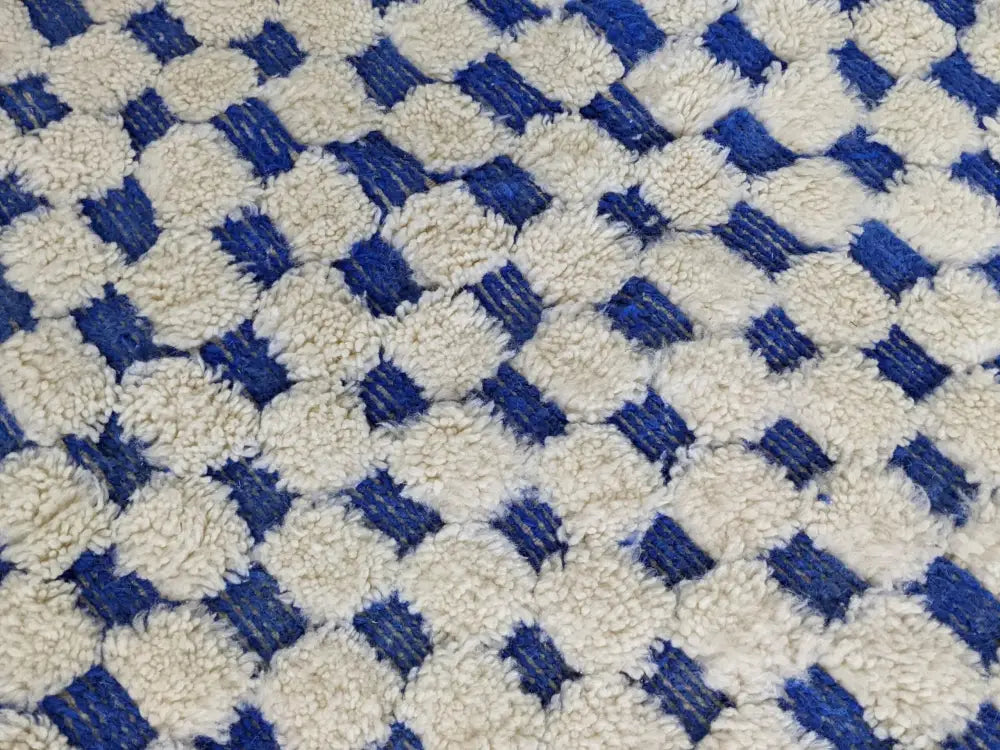 Blue and cream checkered tapis beni ouarain living room rug