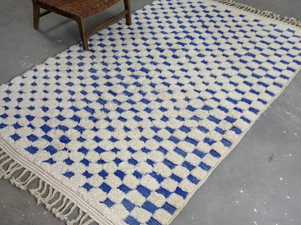 Blue and cream checkered tapis beni ouarain living room rug