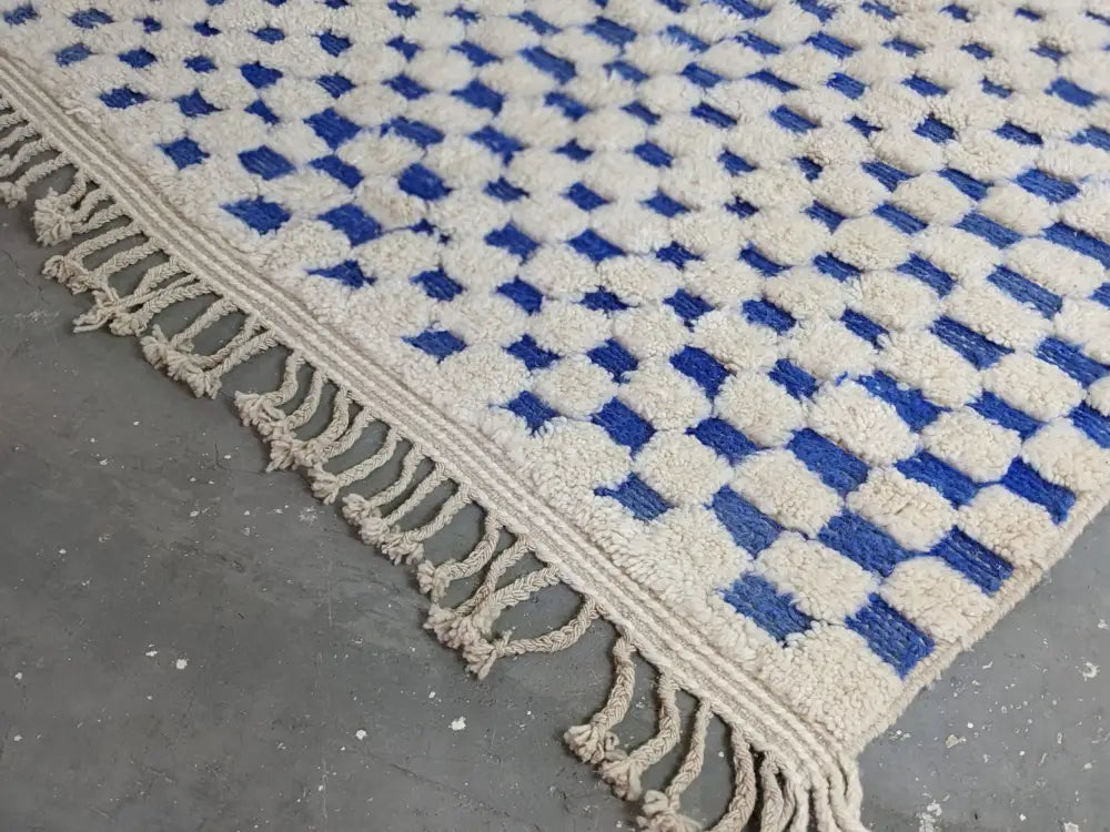 Blue and cream checkered tapis beni ouarain living room rug