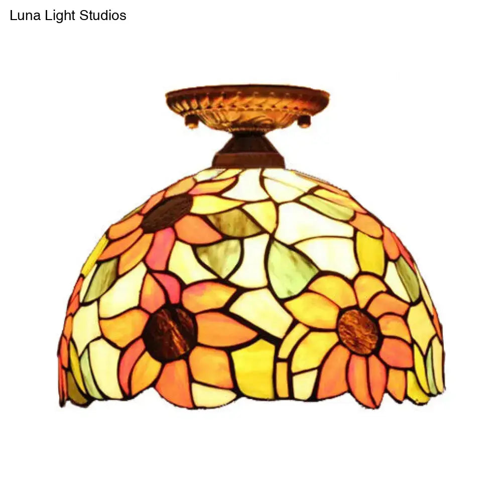 Tiffany sunflower stained glass semi flush mount bedroom light