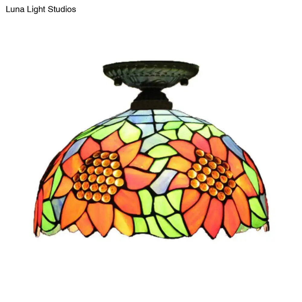 Tiffany sunflower stained glass semi flush mount bedroom light