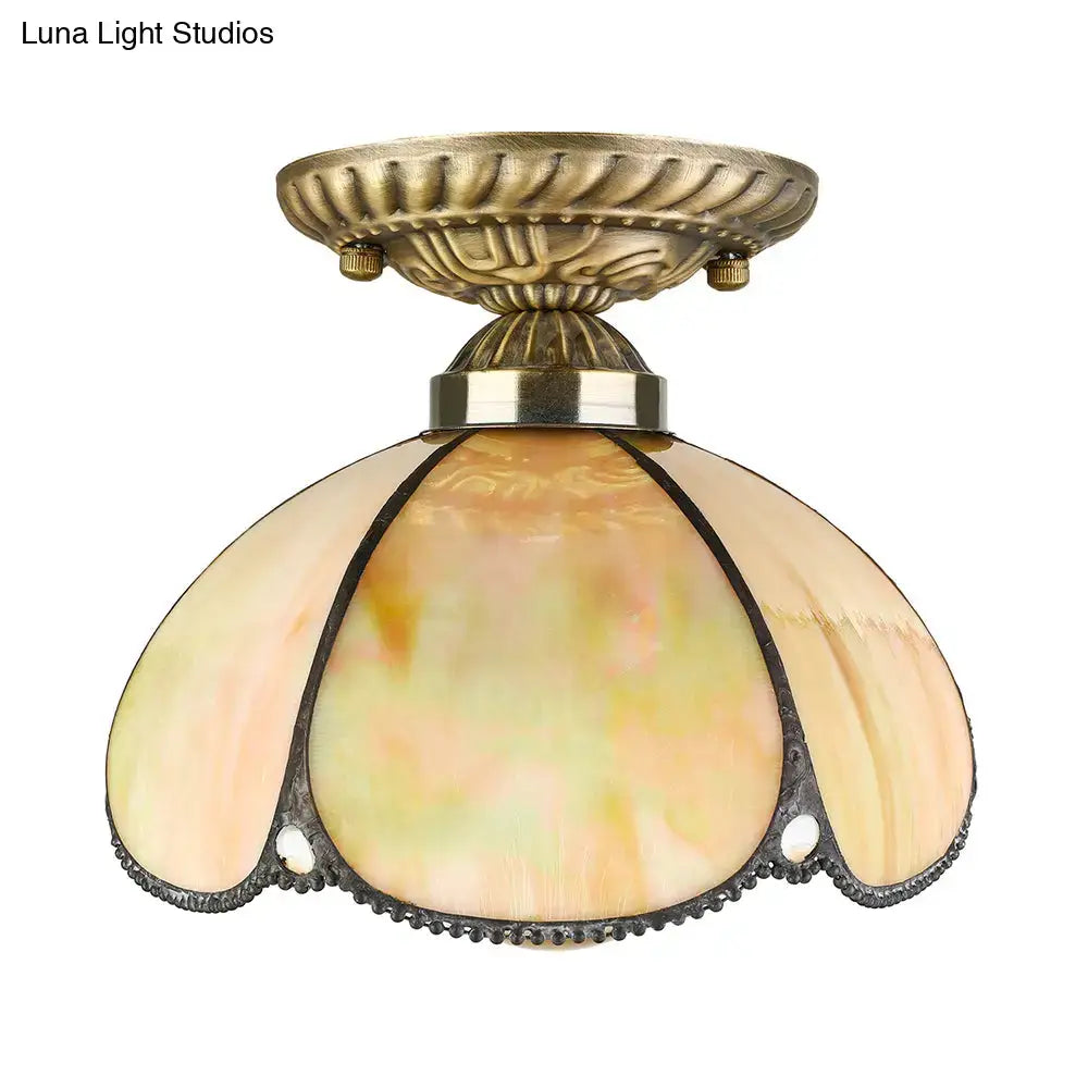 Tiffany antique art glass ceiling light kitchen amber & cream beige