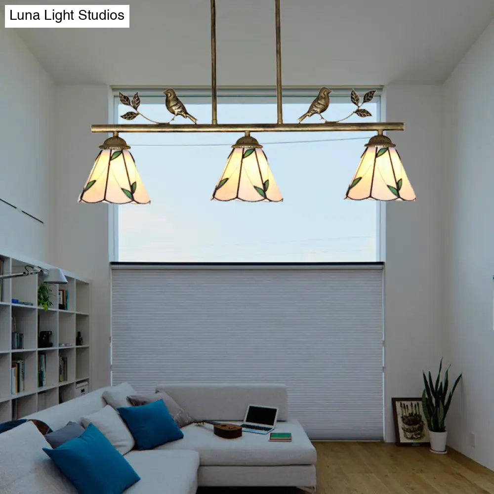 DecorBites™ Tiffany Style Stainless Glass Cone Shade Island Lighting Fixture with Leaf Pattern - 3 Lights, Beige Hanging Lamp