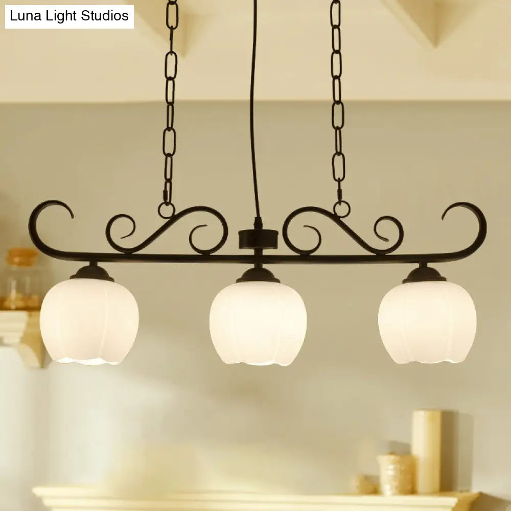 DecorBites™ Traditional Black Flower Island Lighting Fixture with Milky Glass - 3 Bulbs Dining Room Pendant Light