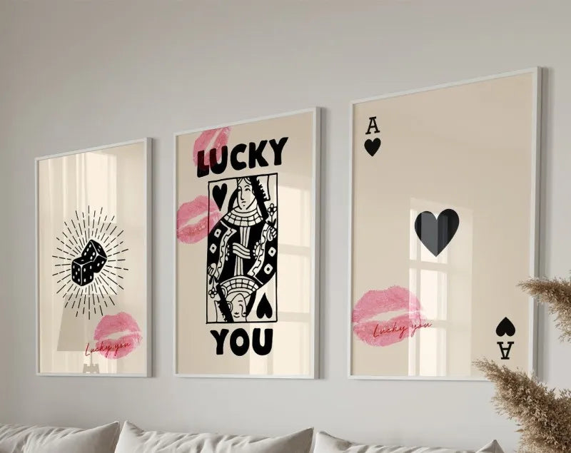Retro black & pink playing card wall art posters – living room decor