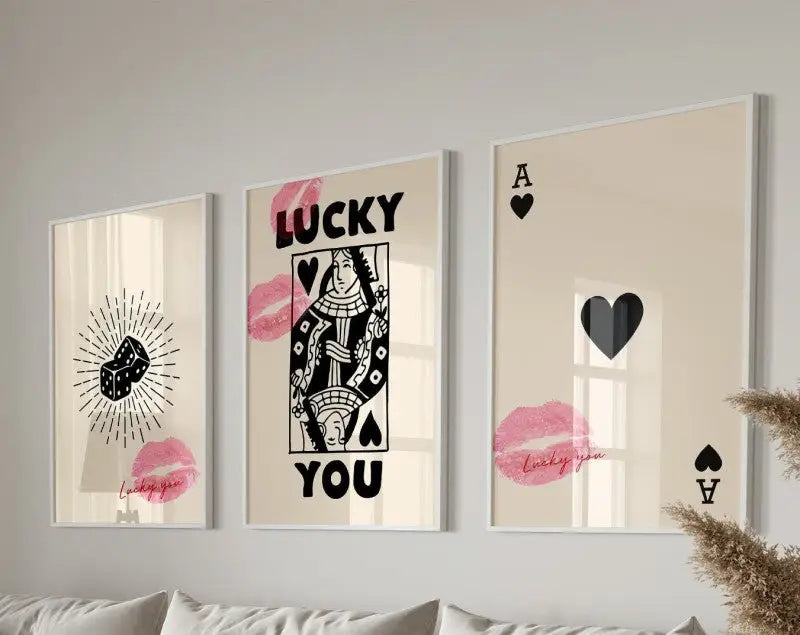 Retro black & pink playing card wall art posters – living room decor