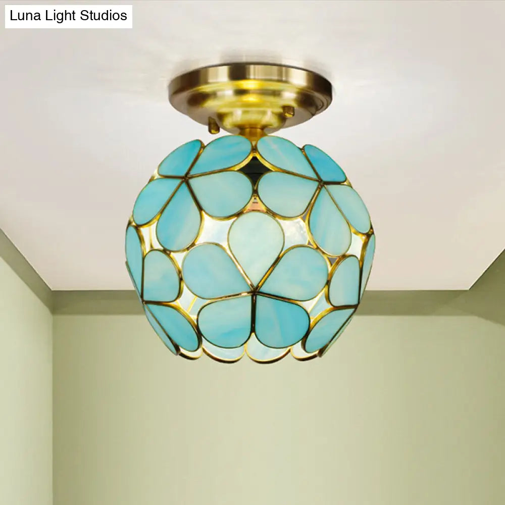 Victorian turquoise stained glass flower ceiling fixture bedroom light