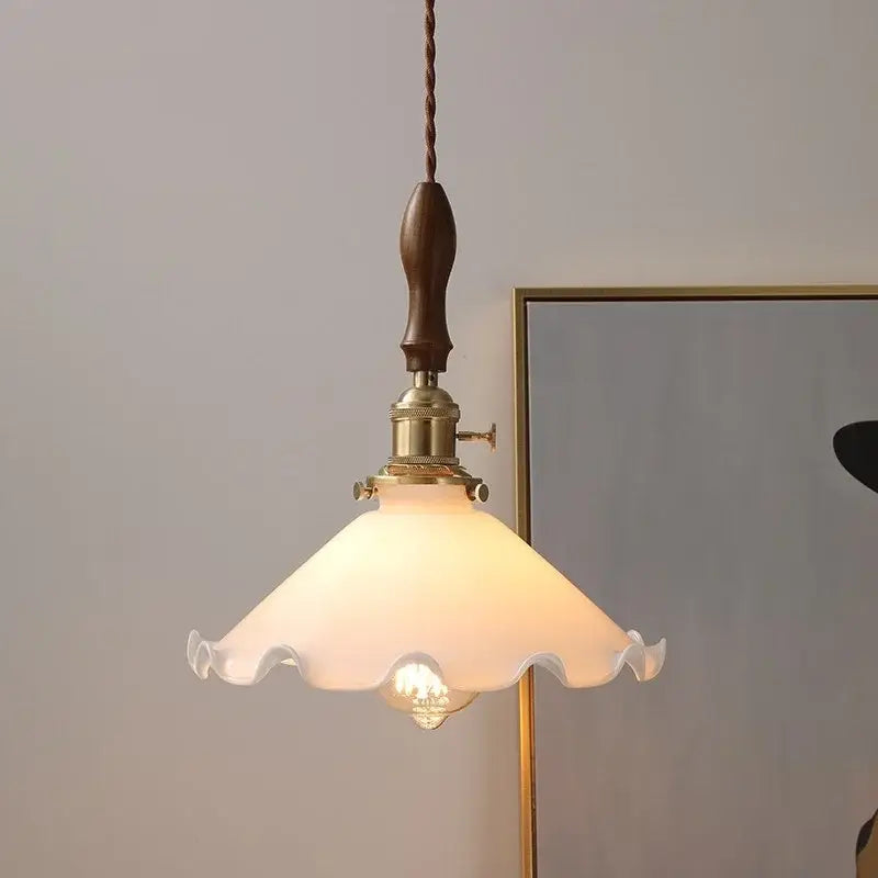 Vintage walnut and white glass led pendant light kitchen lighting