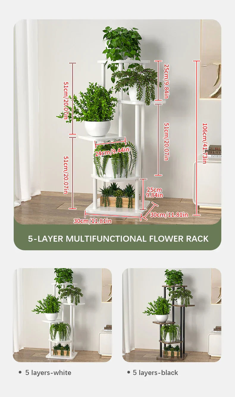 Rustic wood and black metal tiered plant stand living room shelf