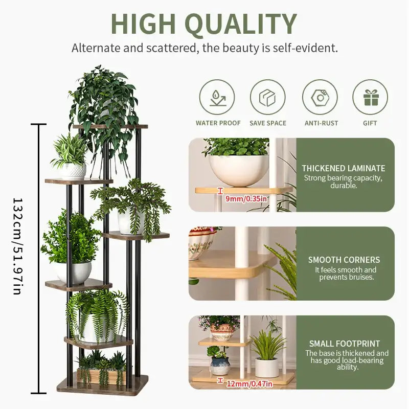 Rustic wood and black metal tiered plant stand living room shelf