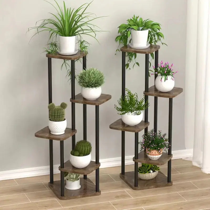 Rustic wood and black metal tiered plant stand living room shelf