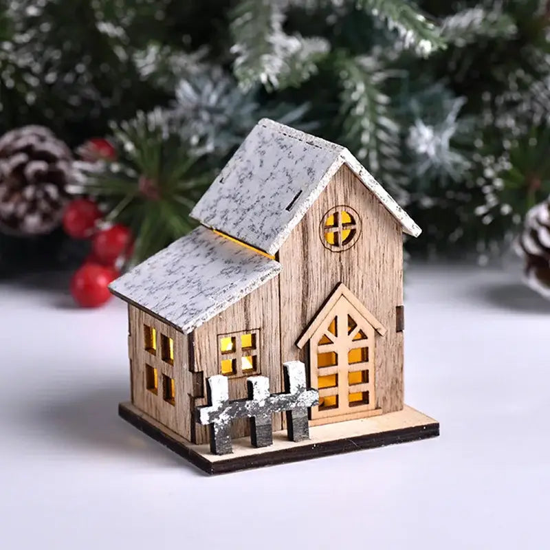 Rustic snow dusted wooden led light house living room decor