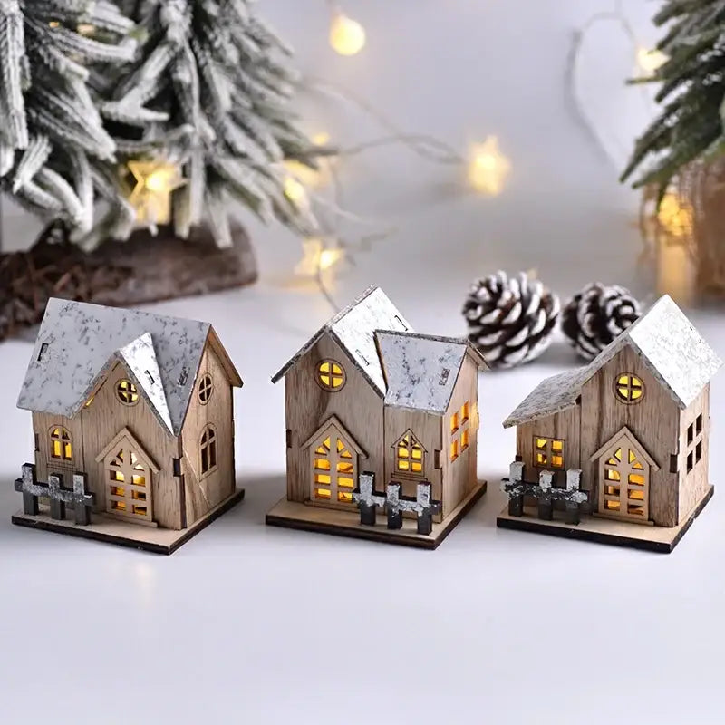 Rustic snow dusted wooden led light house living room decor