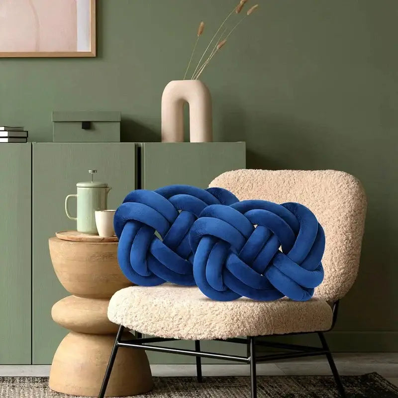 Deep blue velvet handmade knot throw pillow living room decor