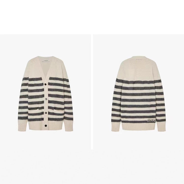 Womens Striped Wool Color-Block Knitted Cardigan Coat