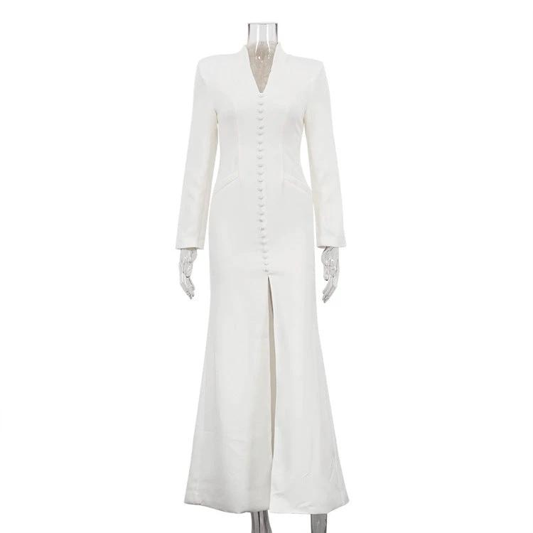V-neck Long Sleeve High Waist Slit French Dress