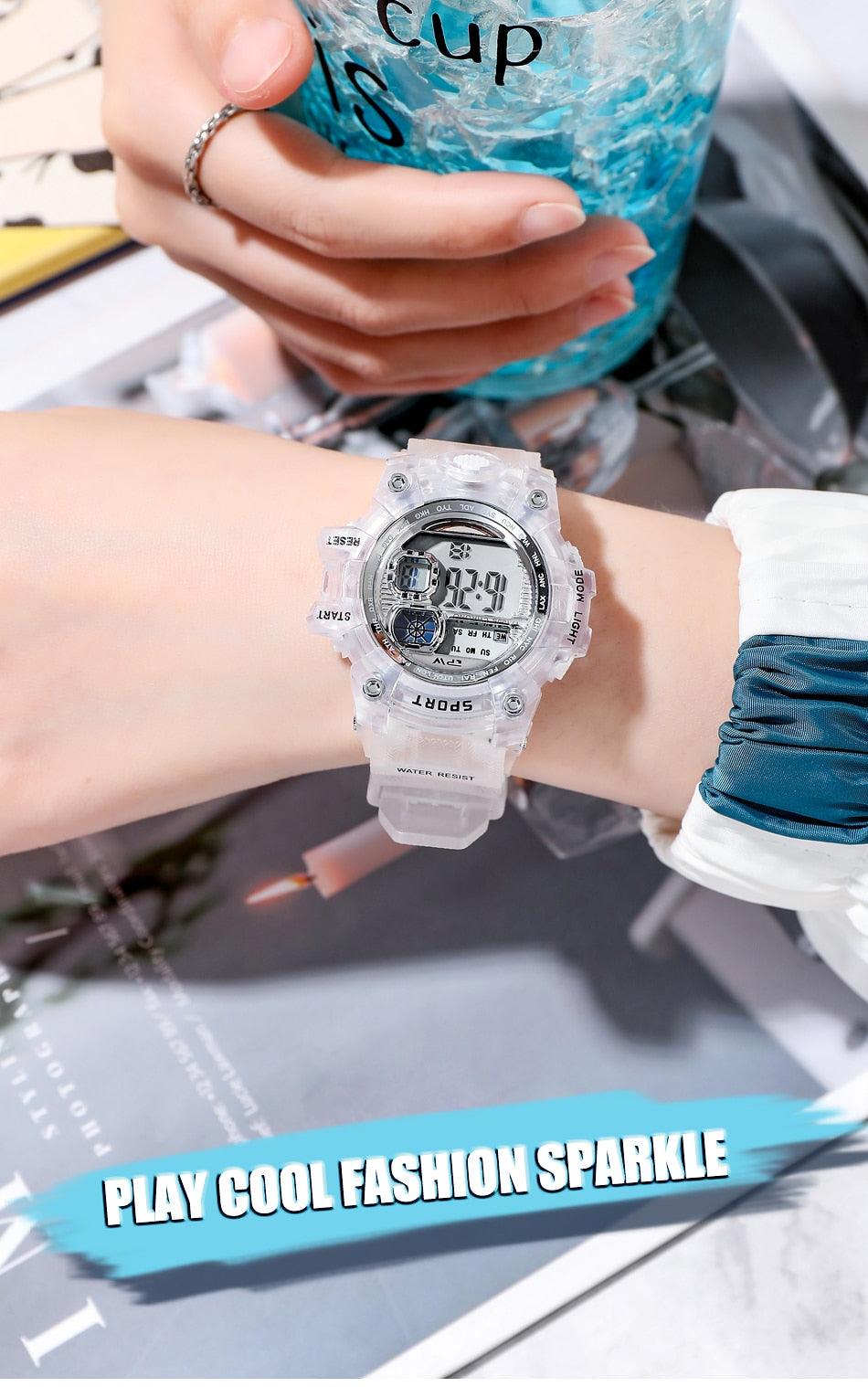 Digital Watches For Women School Girl Student  Transparent Color Water Resistent Silicone Strap Stopwatch Alarm Countdown Dual Time Ultra Super Wide-Angle Display Digital Wrist Watches For Men Women