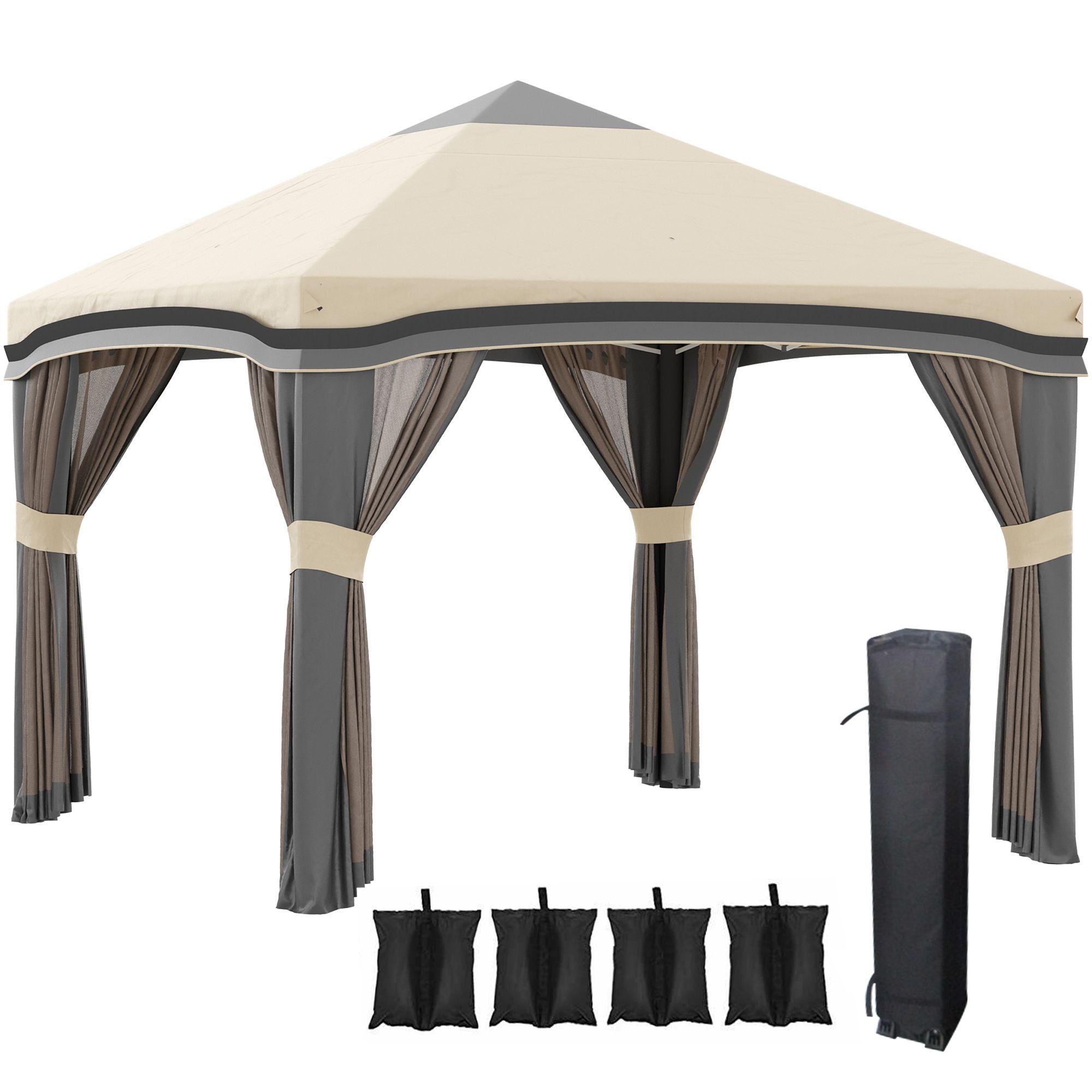 10x10 Pop Up Canopy, Netting, Foldable, Height Adjustable, Wheeled Carry Bag, 4 Sand Bags, Beige