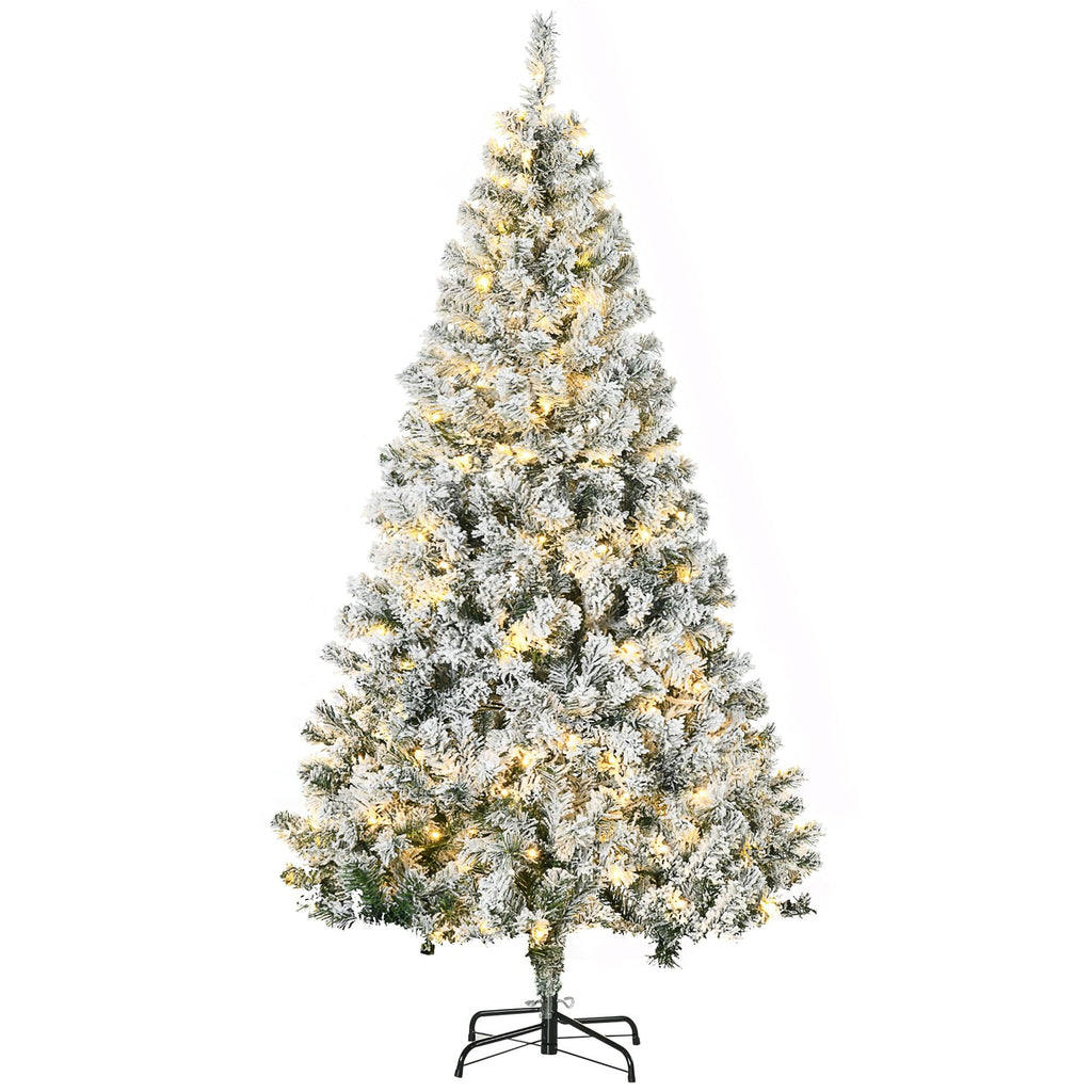 HOMCOM 6' Prelit Artificial Flocked Christmas Trees, with Snow Frosted Branches, Warm White LED Lights, Auto Open