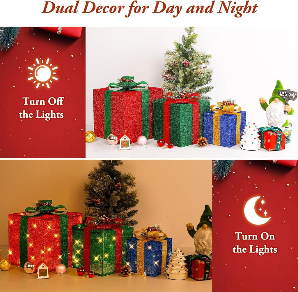3 Pieces Large Gift Boxes for Christmas Decorations Outdoor, 10" 8" 6" with Pre-lit 70 LED Mini String Lights, Plug-in Warm White Present Boxes with Glitter for Christmas Wedding Party