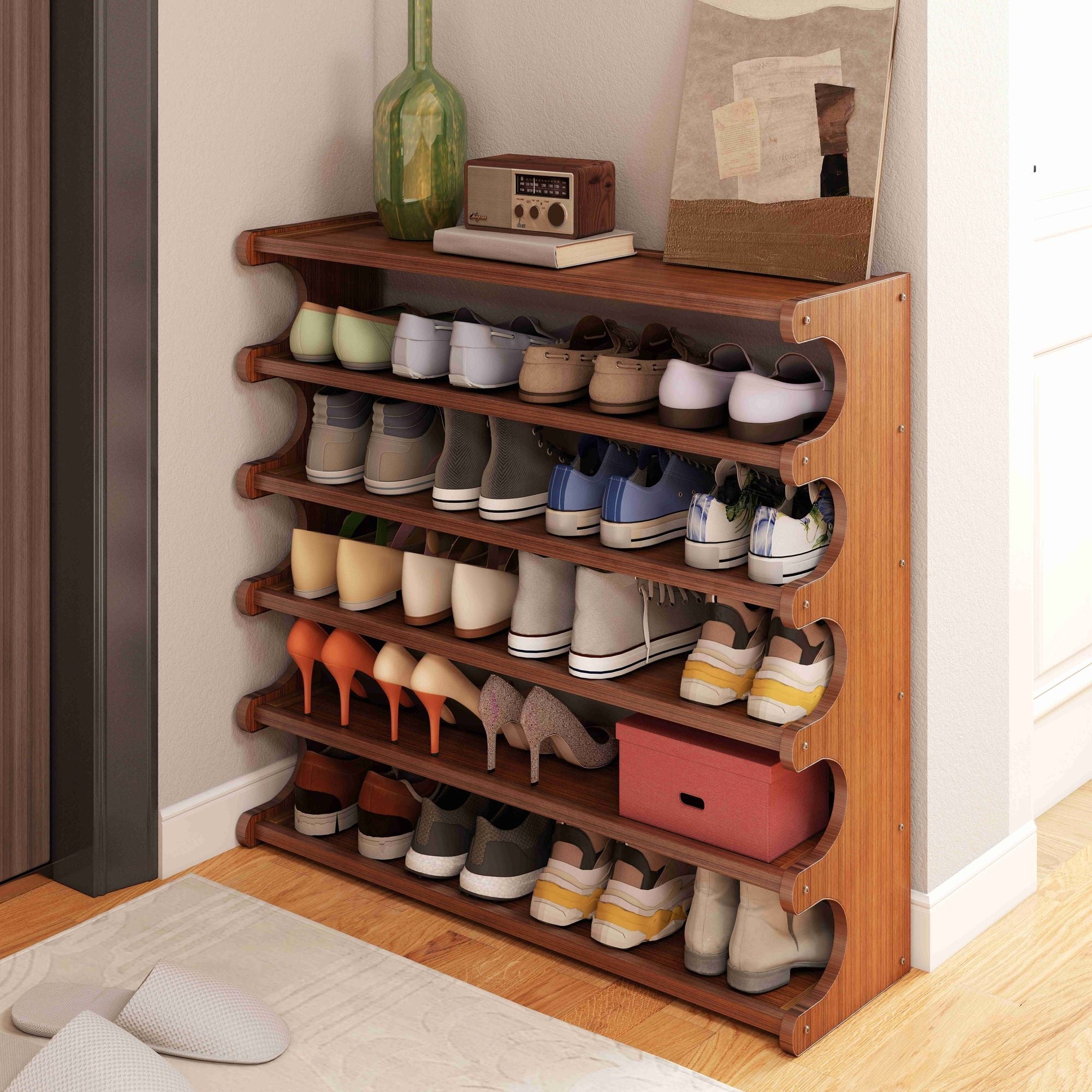 5/6-layer practical storage rack, shoe rack, space-saving design, multi-layer independent storage rack, wood grain finish, easy to assemble, self-supporting cubic shoe storage rack, storage rack, suit