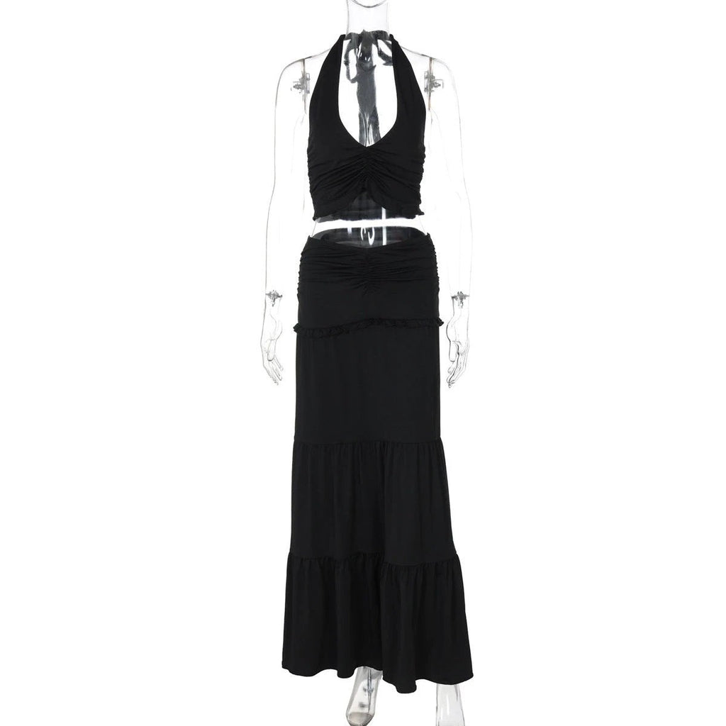 Summer Lace Halterneck Vest Pleated Skirt Suit